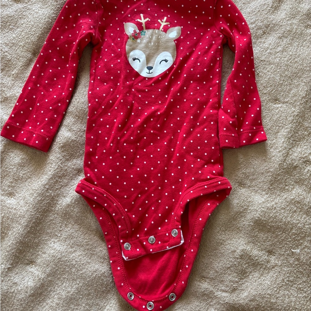 Carter's Red Polka Dot Deer Long-Sleeve One-Piece Bodysuit